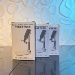 folding desktop phone stand holding smartphone on desk